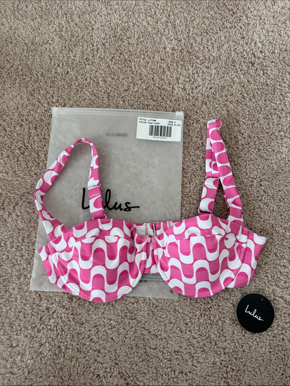 Lulu's Pink and White Wave Print Swim Top